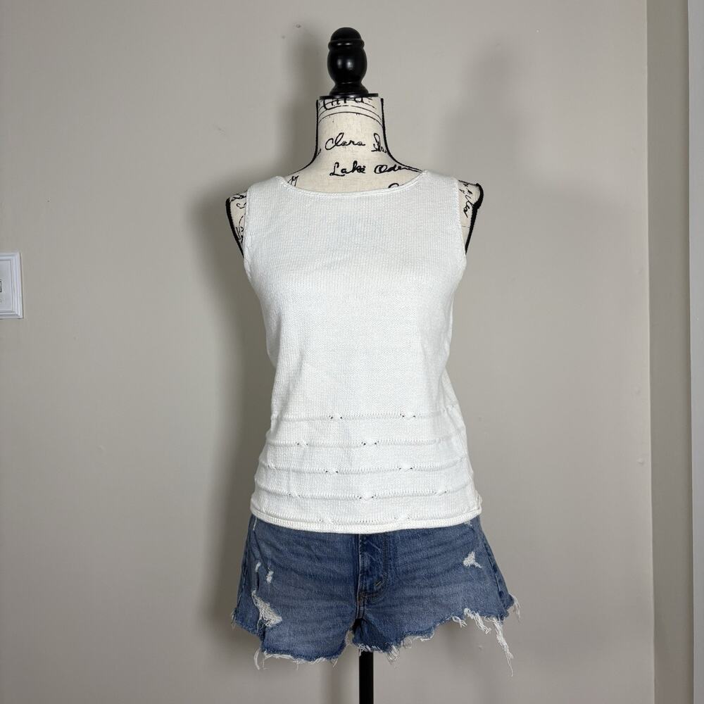 Vintage Liz Claiborne White Knit Tank Top 90s Y2K Sleeveless Sweater Petite S